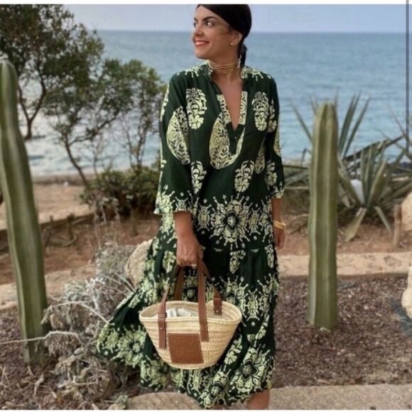 ZARA Maxi Print Dress Kaftan Cover Up Boho Tropical - Picture 2 of 13